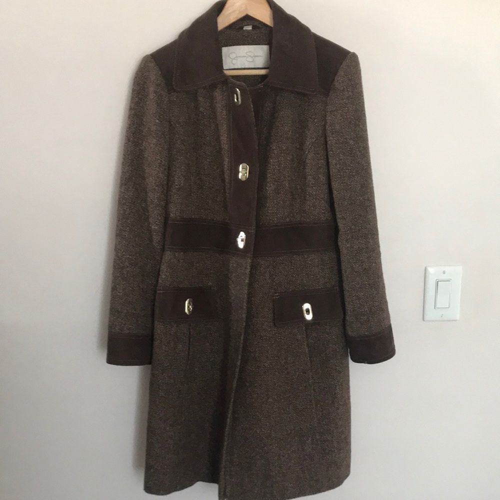 Jessica Simpson Brown Tweed and Suede Coat
